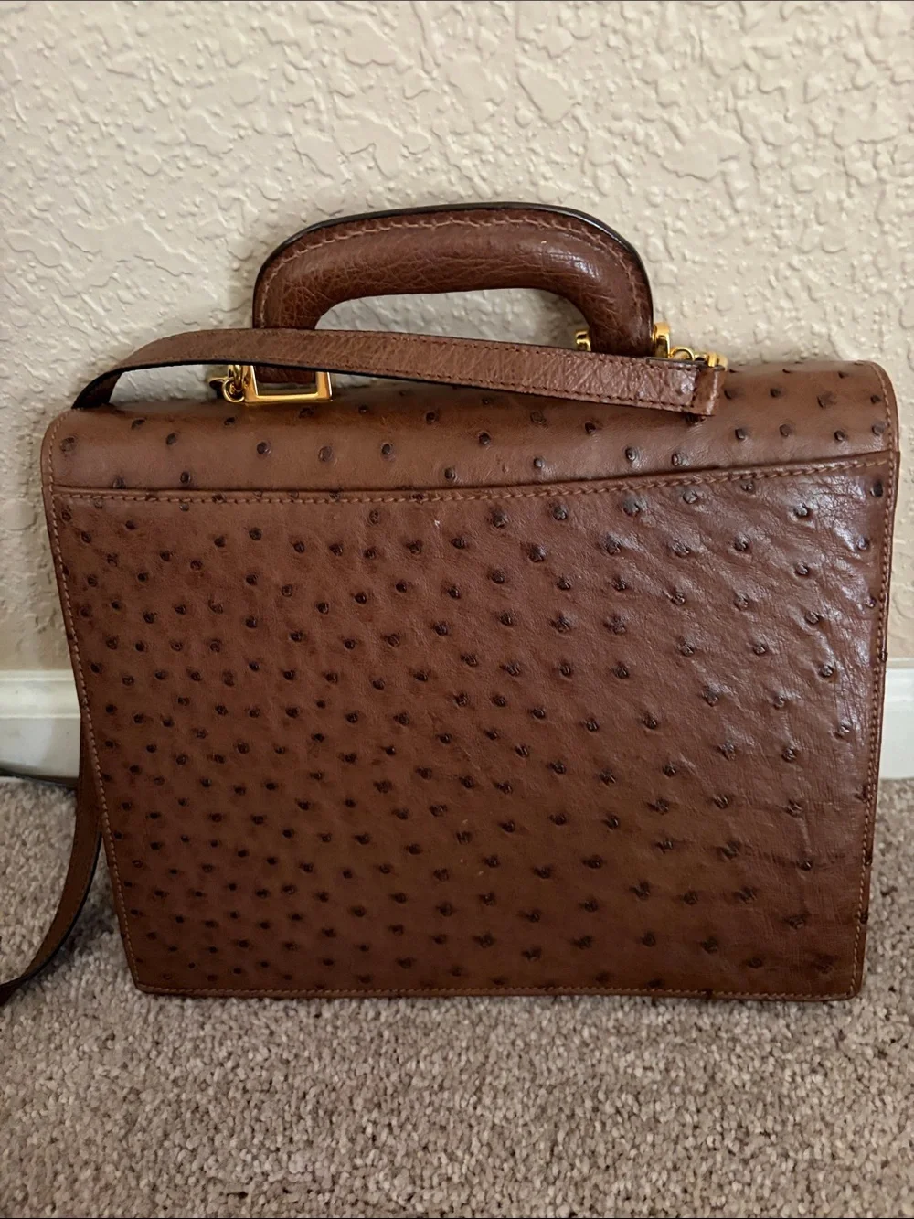 Lorenzi Brown Ostrich Leather Top-Handle Crossbody Bag made in Italy like new